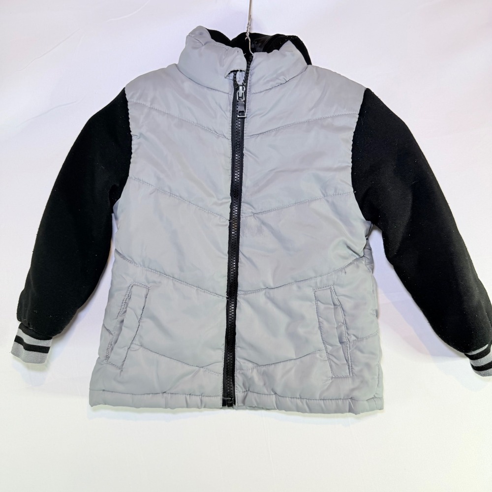 Brooklyn Laundry‎ Boys Grey Black Puffer Jacket Fleece Sleeve Hooded Size S 4